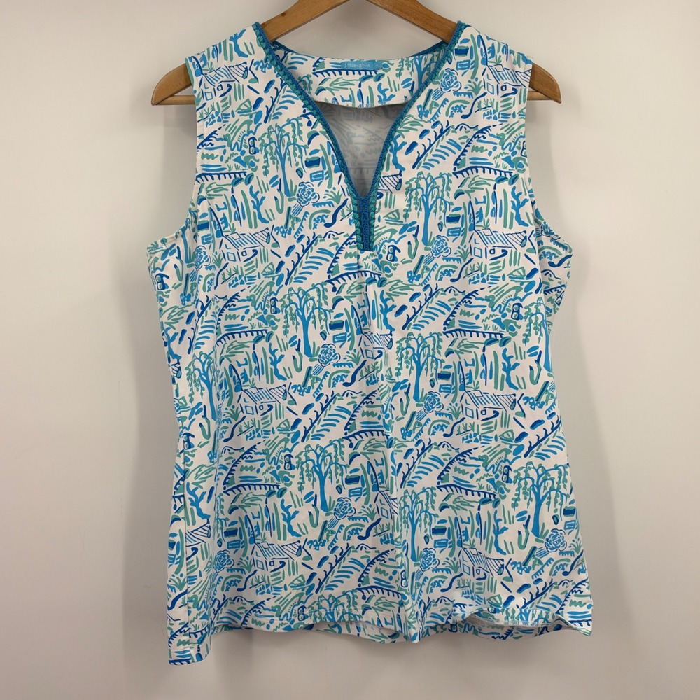 J.McLaughlin XL Blue Green Abstract Landscape Catalina Cloth Sleeveless V-Neck